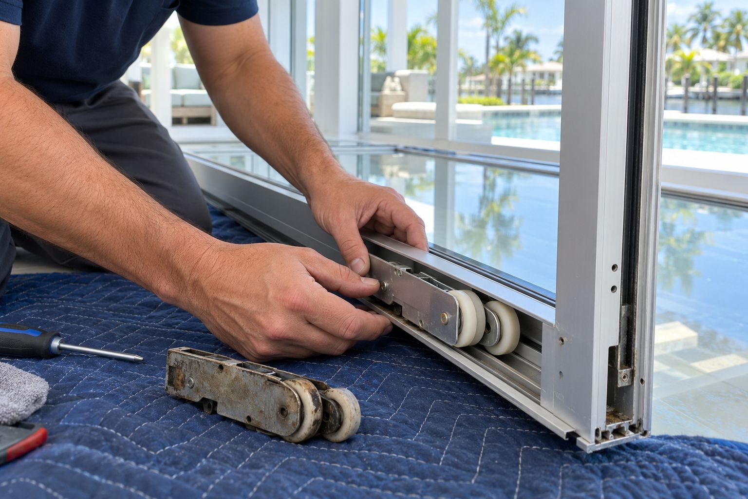 Hands fitting a new tandem nylon roller assembly into the bottom rail of a sliding door panel laid on a moving blanket, the old worn roller beside it.
